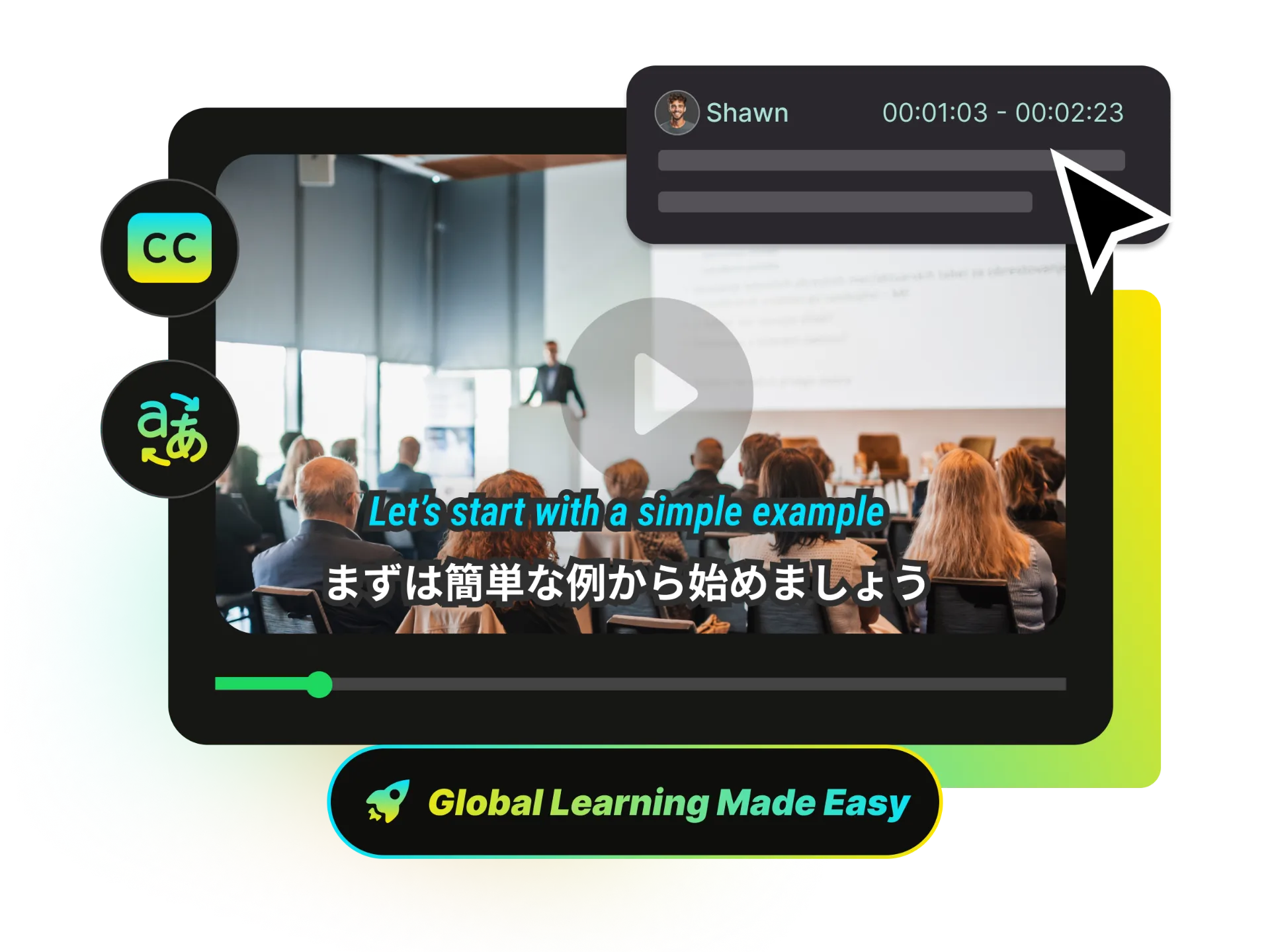 Layar laptop dengan kelas online yang menampilkan subtitle hasil terjemahan